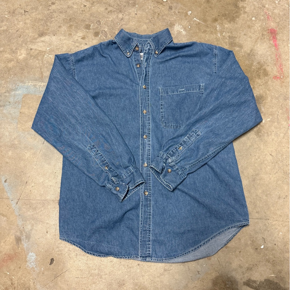 Men’s Medium Denim Long Sleeve Button Shirt Y2K Staple Piece Casual Overshirt